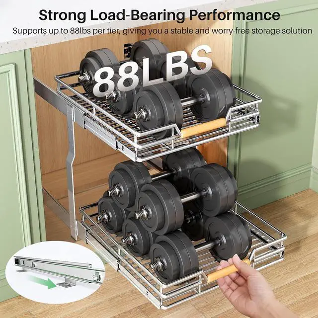 Alt view image 7 of 7 - Pull out Cabinet Organizer, 2 Tiers 23"W X 21"D, Heavy Duty Smooth Sliding Under Cabinet Shelves for Pots and Pans, Full-Extension Roll out Drawers, Slide out Organization for Home Kitchen Pantry