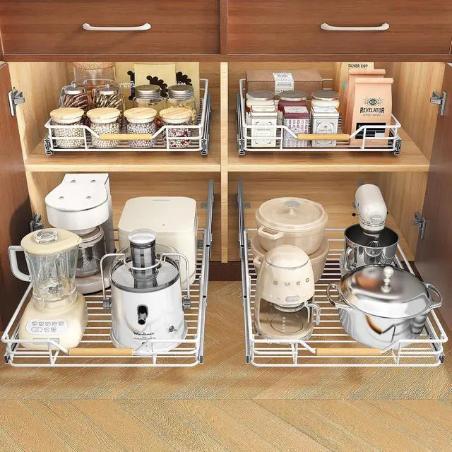 Alt view image 2 of 7 - Pull out Cabinet Organizer, 12"W X 21"D, Heavy Duty Smooth Sliding Under Cabinet Shelves for Pots and Pans, Full-Extension Roll out Drawers, Slide out Organization for Home Kitchen Pantry, White