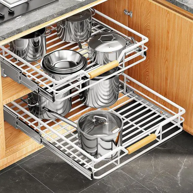 Alt view image 4 of 7 - Pull out Cabinet Organizer, 12"W X 21"D, Heavy Duty Smooth Sliding Under Cabinet Shelves for Pots and Pans, Full-Extension Roll out Drawers, Slide out Organization for Home Kitchen Pantry, White