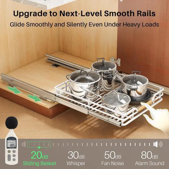 Alt view image 5 of 7 - Pull out Cabinet Organizer, 12"W X 21"D, Heavy Duty Smooth Sliding Under Cabinet Shelves for Pots and Pans, Full-Extension Roll out Drawers, Slide out Organization for Home Kitchen Pantry, White