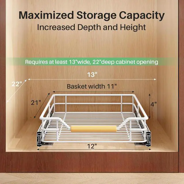 Alt view image 3 of 7 - Pull out Cabinet Organizer, 12"W X 21"D, Heavy Duty Smooth Sliding Under Cabinet Shelves for Pots and Pans, Full-Extension Roll out Drawers, Slide out Organization for Home Kitchen Pantry, White