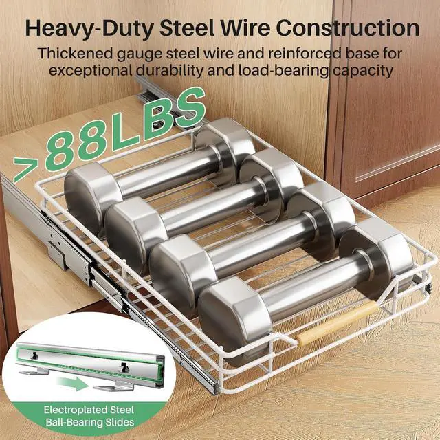 Alt view image 6 of 7 - Pull out Cabinet Organizer, 12"W X 21"D, Heavy Duty Smooth Sliding Under Cabinet Shelves for Pots and Pans, Full-Extension Roll out Drawers, Slide out Organization for Home Kitchen Pantry, White