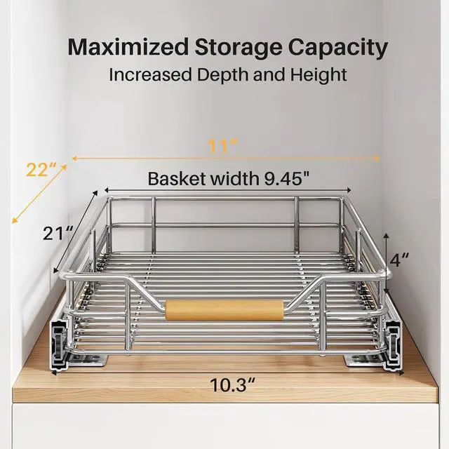 Alt view image 2 of 7 - Pull out Cabinet Organizer, 11"W X 21"D, Heavy Duty Smooth Sliding Under Cabinet Shelves for Pots and Pans, Full-Extension Roll out Drawers, Slide out Organization for Home Kitchen Pantry