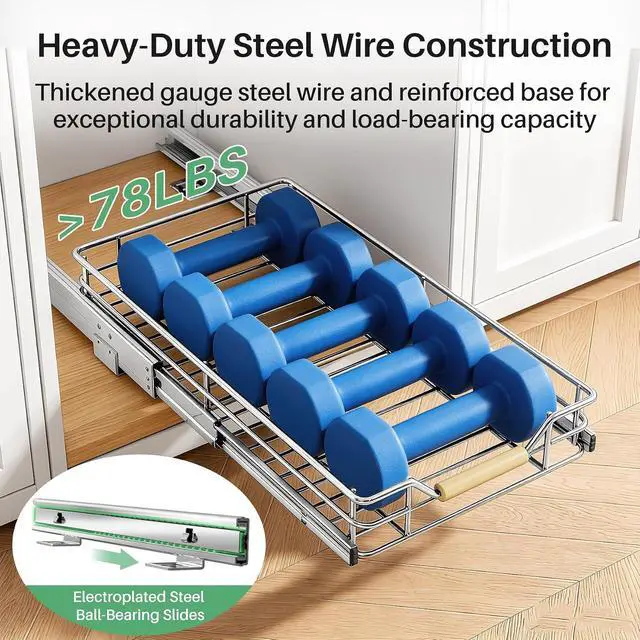 Alt view image 5 of 7 - Pull out Cabinet Organizer, 11"W X 21"D, Heavy Duty Smooth Sliding Under Cabinet Shelves for Pots and Pans, Full-Extension Roll out Drawers, Slide out Organization for Home Kitchen Pantry