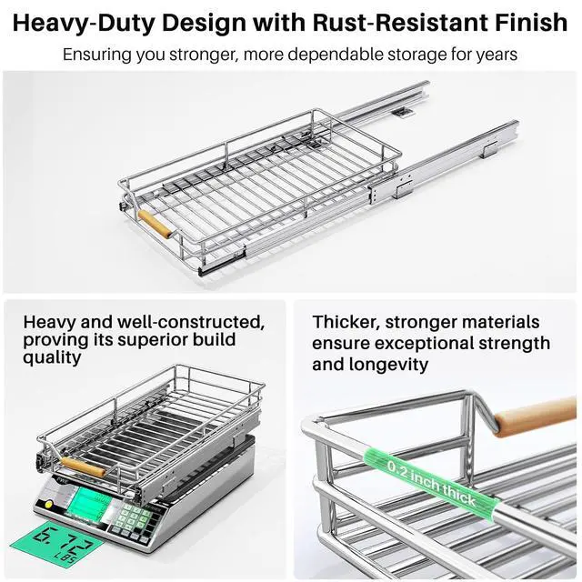 Alt view image 6 of 7 - Pull out Cabinet Organizer, 11"W X 21"D, Heavy Duty Smooth Sliding Under Cabinet Shelves for Pots and Pans, Full-Extension Roll out Drawers, Slide out Organization for Home Kitchen Pantry
