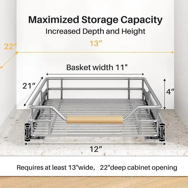 Alt view image 3 of 7 - Pull out Cabinet Organizer, 12"W X 21"D, Heavy Duty Smooth Sliding Under Cabinet Shelves for Pots and Pans, Full-Extension Roll out Drawers, Slide out Organization for Home Kitchen Pantry