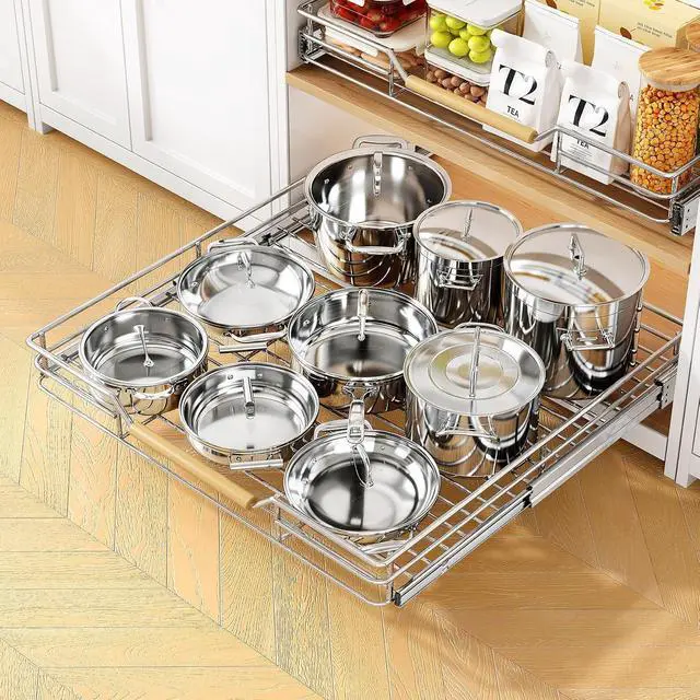 Alt view image 2 of 7 - Pull out Cabinet Organizer, 21"W X 21"D, Heavy Duty Smooth Sliding Under Cabinet Shelves for Pots and Pans, Full-Extension Roll out Drawers, Slide out Organization for Home Kitchen Pantry