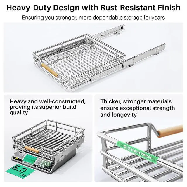Alt view image 6 of 7 - Pull out Cabinet Organizer, 12"W X 21"D, Heavy Duty Smooth Sliding Under Cabinet Shelves for Pots and Pans, Full-Extension Roll out Drawers, Slide out Organization for Home Kitchen Pantry