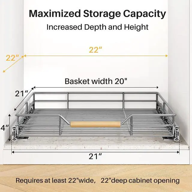 Alt view image 3 of 7 - Pull out Cabinet Organizer, 21"W X 21"D, Heavy Duty Smooth Sliding Under Cabinet Shelves for Pots and Pans, Full-Extension Roll out Drawers, Slide out Organization for Home Kitchen Pantry