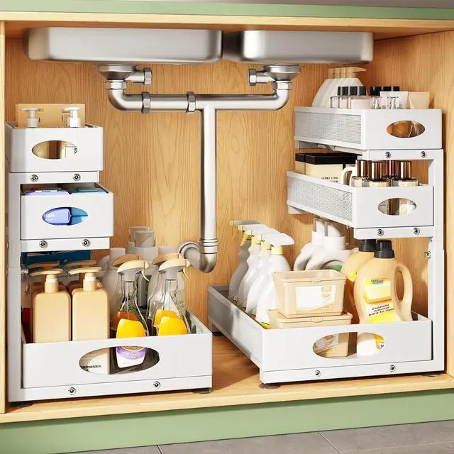 Main image of Kitstorack Under Sink Organizer 3-Tier Slide Out Drawer for Bathroom 2-Pack | Height Adjustable, Metal Mesh Storage Rack, Pull out Cabinet Organizer Shelf for Kitchen Pantry Home Laundry Organization