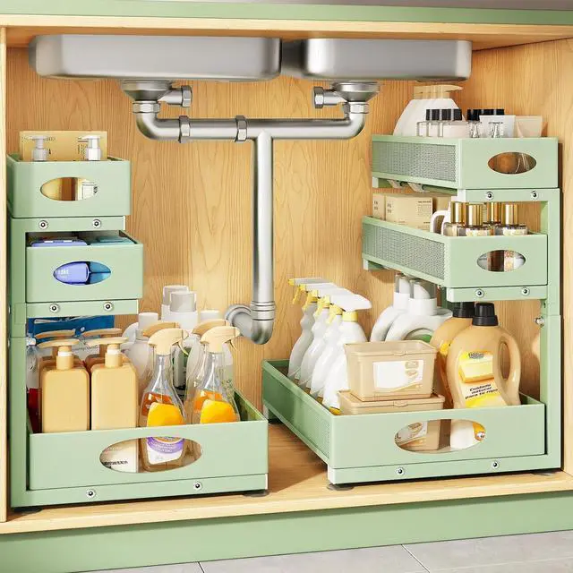 Main image of Kitstorack Under Sink Organizer 3-Tier Slide Out Drawer 2-Pack Green | Height Adjustable, Metal Mesh Storage Rack, Pull out Cabinet Organizer Shelf for Bathroom Kitchen Pantry Home Organization