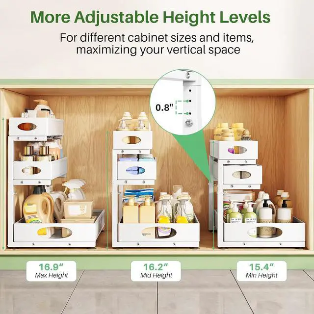 Alt view image 5 of 7 - Kitstorack Under Sink Organizer 3-Tier Slide Out Drawer for Bathroom 2-Pack | Height Adjustable, Metal Mesh Storage Rack, Pull out Cabinet Organizer Shelf for Kitchen Pantry Home Laundry Organization