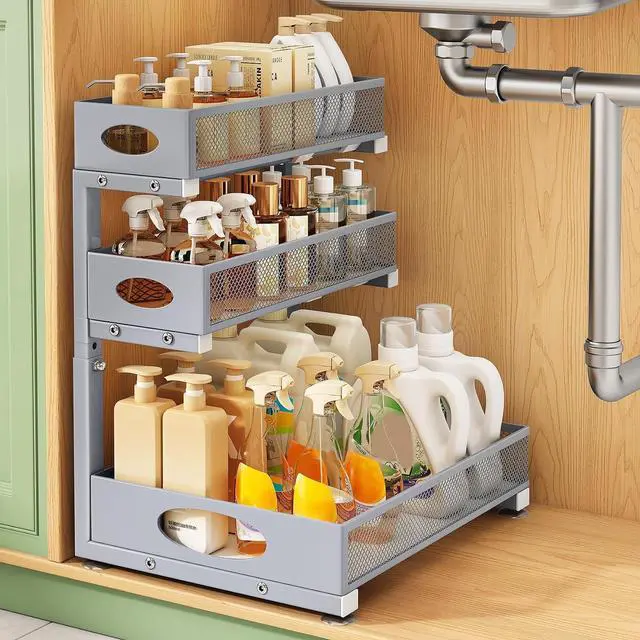 Main image of Kitstorack Under Sink Organizer 3-Tier Slide Out Drawer 1-Pack Grey | Height Adjustable, Metal Mesh Storage Rack, Pull out Cabinet Organizer Shelf for Bathroom Kitchen Pantry Home Organization