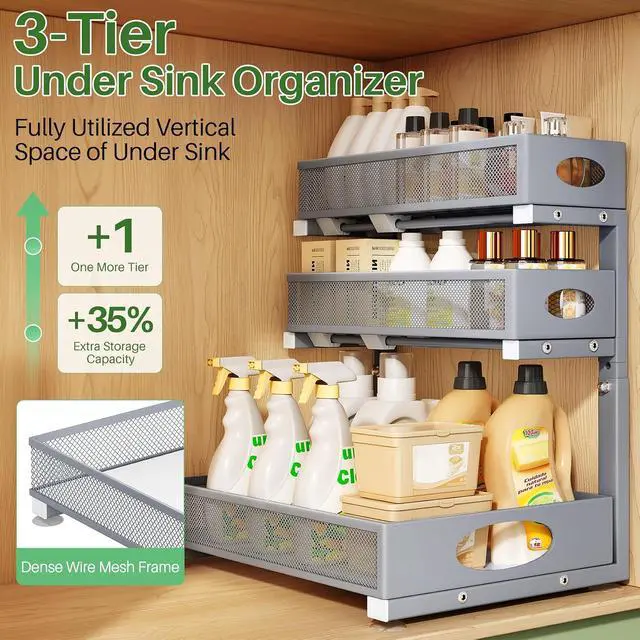 Alt view image 3 of 7 - Kitstorack Under Sink Organizer 3-Tier Slide Out Drawer 2-Pack Grey | Height Adjustable, Metal Mesh Storage Rack, Pull out Cabinet Organizer Shelf for Bathroom Kitchen Pantry Home Organization