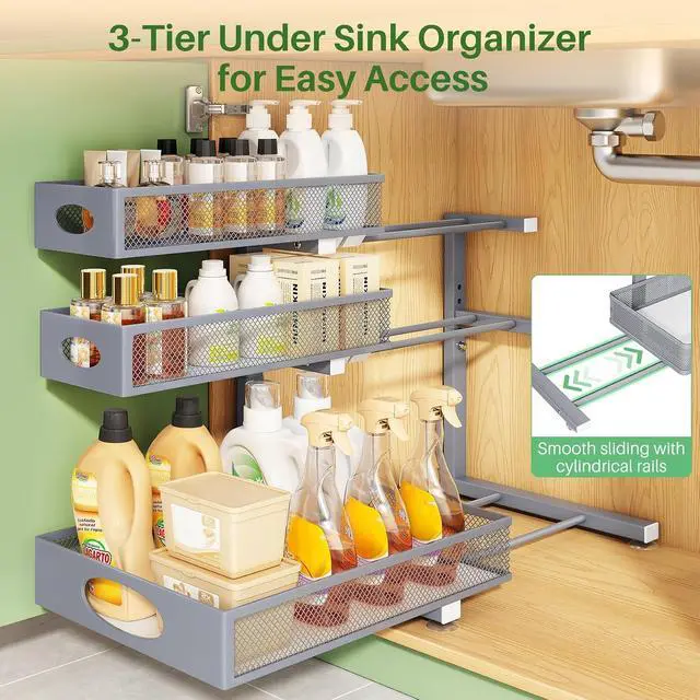 Alt view image 4 of 7 - Kitstorack Under Sink Organizer 3-Tier Slide Out Drawer 2-Pack Grey | Height Adjustable, Metal Mesh Storage Rack, Pull out Cabinet Organizer Shelf for Bathroom Kitchen Pantry Home Organization