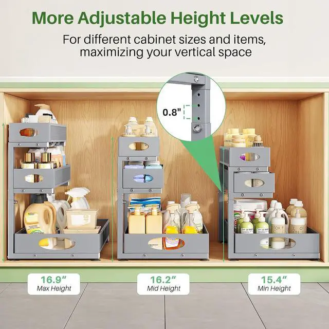 Alt view image 5 of 7 - Kitstorack Under Sink Organizer 3-Tier Slide Out Drawer 2-Pack Grey | Height Adjustable, Metal Mesh Storage Rack, Pull out Cabinet Organizer Shelf for Bathroom Kitchen Pantry Home Organization