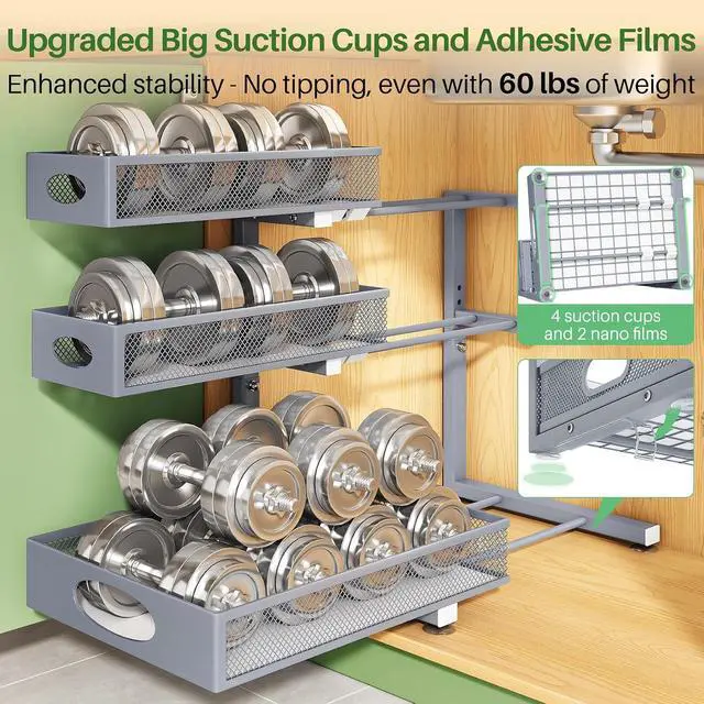Alt view image 7 of 7 - Kitstorack Under Sink Organizer 3-Tier Slide Out Drawer 2-Pack Grey | Height Adjustable, Metal Mesh Storage Rack, Pull out Cabinet Organizer Shelf for Bathroom Kitchen Pantry Home Organization