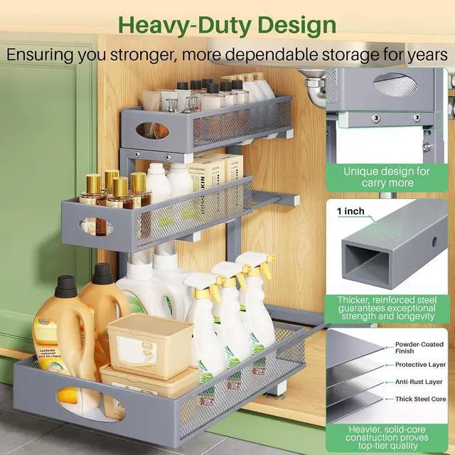 Alt view image 6 of 7 - Kitstorack Under Sink Organizer 3-Tier Slide Out Drawer 2-Pack Grey | Height Adjustable, Metal Mesh Storage Rack, Pull out Cabinet Organizer Shelf for Bathroom Kitchen Pantry Home Organization