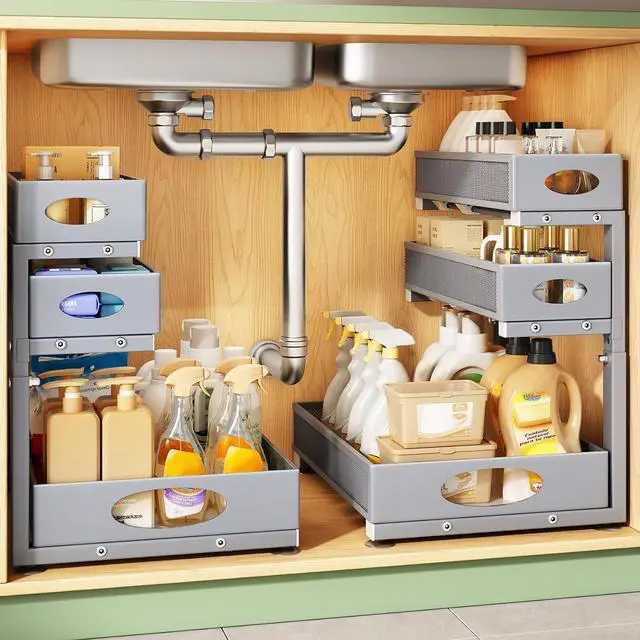 Main image of Kitstorack Under Sink Organizer 3-Tier Slide Out Drawer 2-Pack Grey | Height Adjustable, Metal Mesh Storage Rack, Pull out Cabinet Organizer Shelf for Bathroom Kitchen Pantry Home Organization