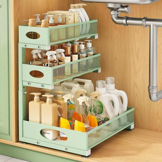 Main image of Kitstorack Under Sink Organizer 3-Tier Slide Out Drawer 1-Pack Green | Height Adjustable, Metal Mesh Storage Rack, Pull out Cabinet Organizer Shelf for Bathroom Kitchen Pantry Home Organization