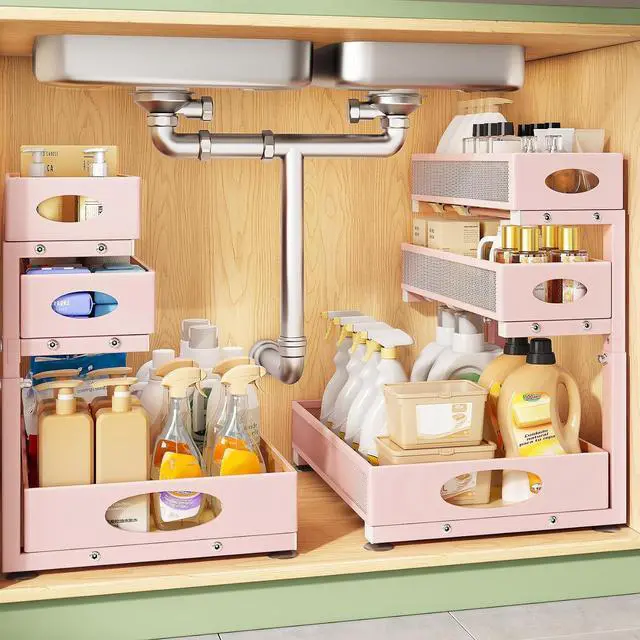 Main image of Kitstorack Under Sink Organizer 3-Tier Slide Out Drawer 2-Pack Pink | Height Adjustable, Metal Mesh Storage Rack, Pull out Cabinet Organizer Shelf for Bathroom Kitchen Pantry Home Organization