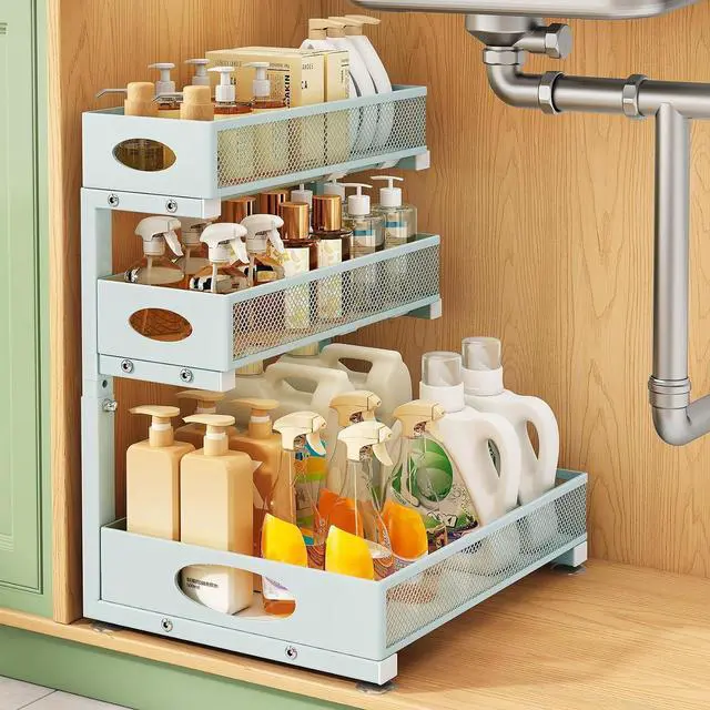 Main image of Kitstorack Under Sink Organizer 3-Tier Slide Out Drawer 1-Pack LightBlue | Height Adjustable, Metal Mesh Storage Rack, Pull out Cabinet Organizer Shelf for Bathroom Kitchen Pantry Home Organization