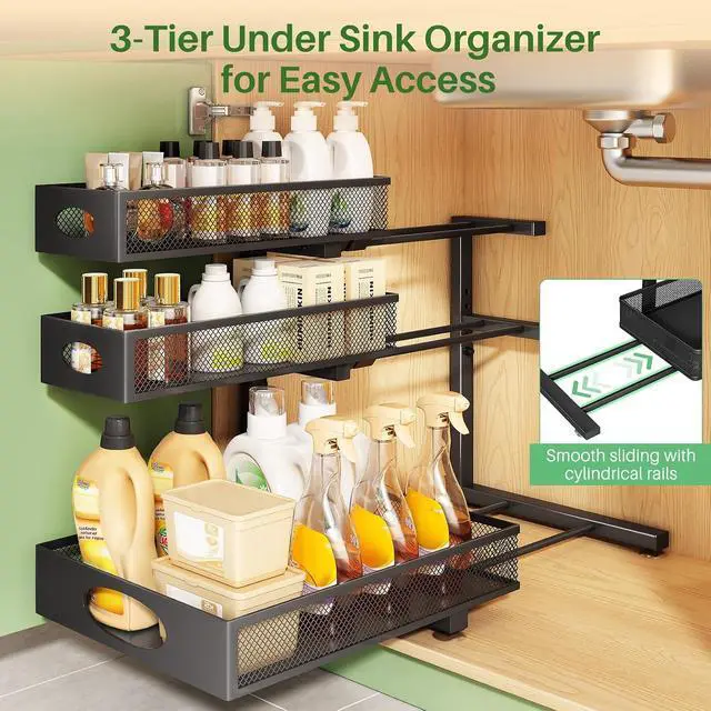 Alt view image 4 of 7 - Kitstorack Under Sink Organizer 3-Tier Slide Out Drawer 1-Pack Black | Height Adjustable, Metal Mesh Storage Rack, Pull out Cabinet Organizer Shelf for Bathroom Kitchen Pantry Home Organization