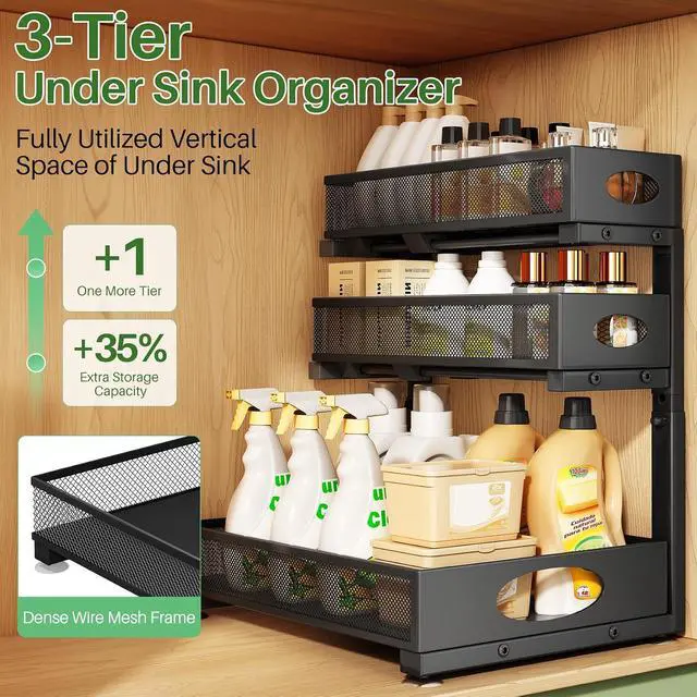 Alt view image 3 of 7 - Kitstorack Under Sink Organizer 3-Tier Slide Out Drawer 1-Pack Black | Height Adjustable, Metal Mesh Storage Rack, Pull out Cabinet Organizer Shelf for Bathroom Kitchen Pantry Home Organization