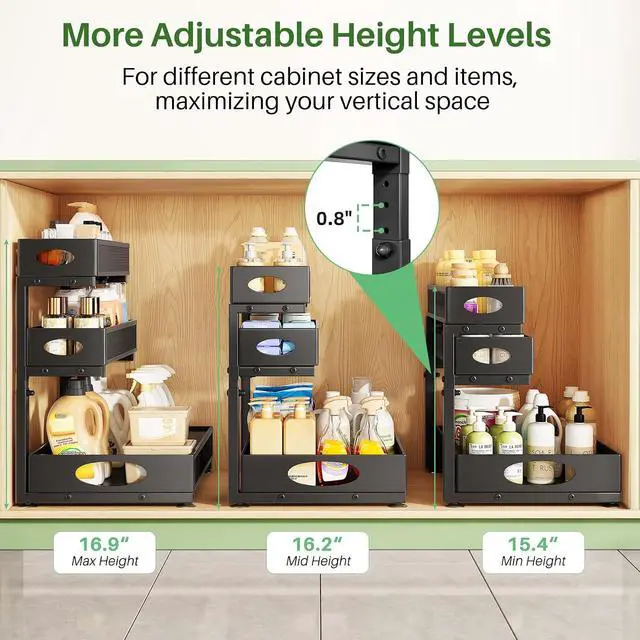 Alt view image 5 of 7 - Kitstorack Under Sink Organizer 3-Tier Slide Out Drawer 1-Pack Black | Height Adjustable, Metal Mesh Storage Rack, Pull out Cabinet Organizer Shelf for Bathroom Kitchen Pantry Home Organization
