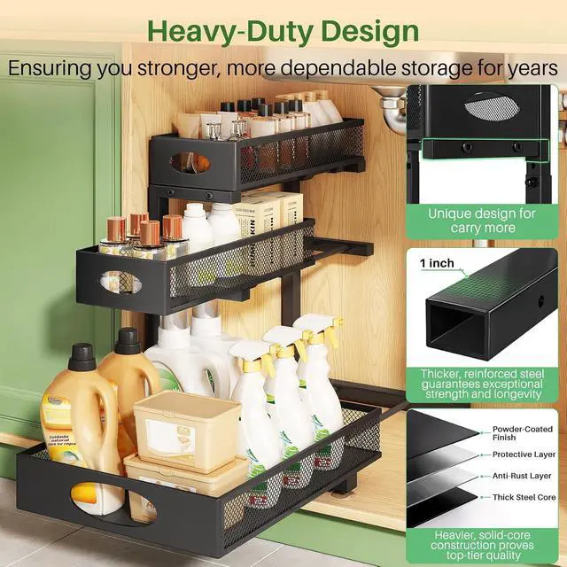 Alt view image 6 of 7 - Kitstorack Under Sink Organizer 3-Tier Slide Out Drawer 1-Pack Black | Height Adjustable, Metal Mesh Storage Rack, Pull out Cabinet Organizer Shelf for Bathroom Kitchen Pantry Home Organization