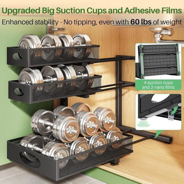 Alt view image 7 of 7 - Kitstorack Under Sink Organizer 3-Tier Slide Out Drawer 1-Pack Black | Height Adjustable, Metal Mesh Storage Rack, Pull out Cabinet Organizer Shelf for Bathroom Kitchen Pantry Home Organization