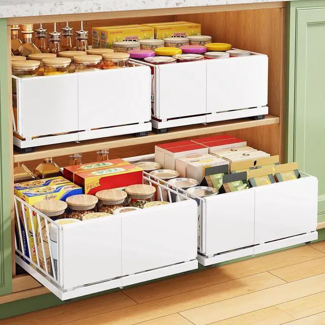 Main image of Pull out Cabinet Organizer, 1-Pack Expandable Width(9.8"-13.8") Heavy Duty Slide out Drawers with Raising Pad for Framed Cabinets, Adhesive Roll Out Shelves for Pantry, Kitchen,Bathroom Storage(White)