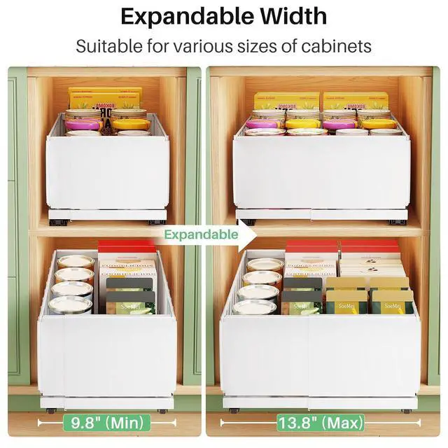 Alt view image 3 of 7 - Pull out Cabinet Organizer, 1-Pack Expandable Width(9.8"-13.8") Heavy Duty Slide out Drawers with Raising Pad for Framed Cabinets, Adhesive Roll Out Shelves for Pantry, Kitchen,Bathroom Storage(White)