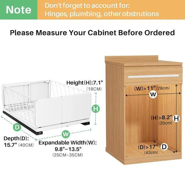 Alt view image 2 of 7 - Pull out Cabinet Organizer, 1-Pack Expandable Width(9.8"-13.8") Heavy Duty Slide out Drawers with Raising Pad for Framed Cabinets, Adhesive Roll Out Shelves for Pantry, Kitchen,Bathroom Storage(White)