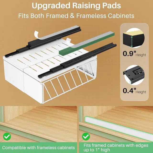 Alt view image 4 of 7 - Pull out Cabinet Organizer, 1-Pack Expandable Width(9.8"-13.8") Heavy Duty Slide out Drawers with Raising Pad for Framed Cabinets, Adhesive Roll Out Shelves for Pantry, Kitchen,Bathroom Storage(White)