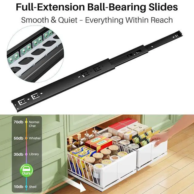Alt view image 6 of 7 - Pull out Cabinet Organizer, 1-Pack Expandable Width(9.8"-13.8") Heavy Duty Slide out Drawers with Raising Pad for Framed Cabinets, Adhesive Roll Out Shelves for Pantry, Kitchen,Bathroom Storage(White)