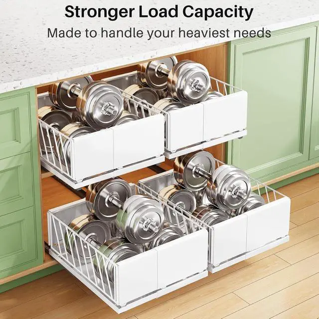 Alt view image 7 of 7 - Pull out Cabinet Organizer, 1-Pack Expandable Width(9.8"-13.8") Heavy Duty Slide out Drawers with Raising Pad for Framed Cabinets, Adhesive Roll Out Shelves for Pantry, Kitchen,Bathroom Storage(White)