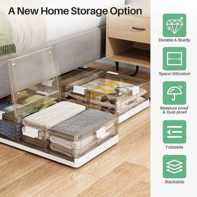 Alt view image 2 of 7 - Kitstorack Plastic Under Bed Storage Containers,2 Pack Underbed Storage with Wheels,Foldable and Stackable Under Bed Organizer,Moisture and Dust-proof Storage Boxes for Clothes Shoes,13.6 Gal