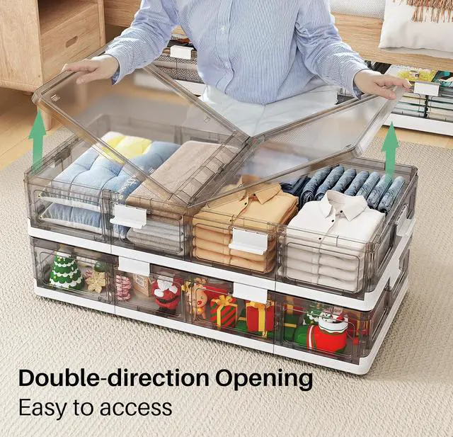Alt view image 5 of 7 - Kitstorack Plastic Under Bed Storage Containers,2 Pack Underbed Storage with Wheels,Foldable and Stackable Under Bed Organizer,Moisture and Dust-proof Storage Boxes for Clothes Shoes,13.6 Gal