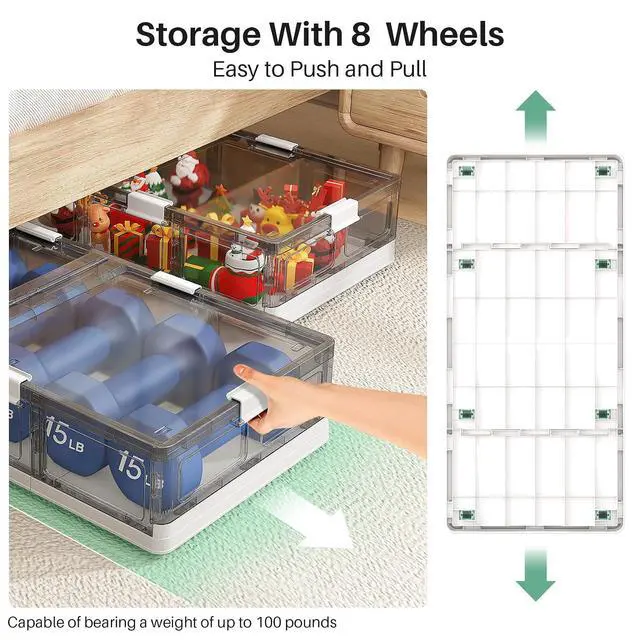 Alt view image 4 of 7 - Kitstorack Plastic Under Bed Storage Containers,2 Pack Underbed Storage with Wheels,Foldable and Stackable Under Bed Organizer,Moisture and Dust-proof Storage Boxes for Clothes Shoes,13.6 Gal