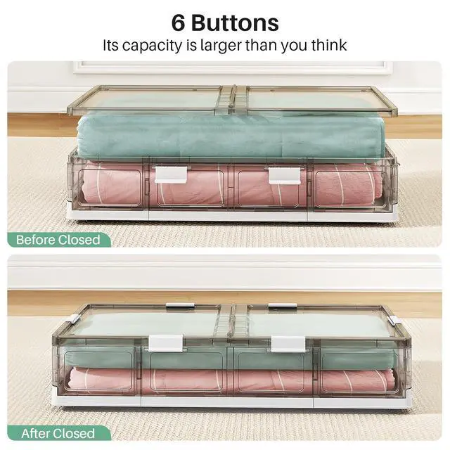 Alt view image 6 of 7 - Kitstorack Plastic Under Bed Storage Containers,2 Pack Underbed Storage with Wheels,Foldable and Stackable Under Bed Organizer,Moisture and Dust-proof Storage Boxes for Clothes Shoes,13.6 Gal