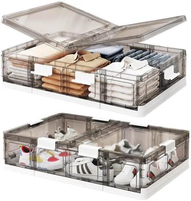 Main image of Kitstorack 2 Pack Plastic Under Bed Storage Bins with Lids and 8 Pre-installed Wheels,Rolling Low Rrofile Under bed Containers Box for Clothes Shoes, 37.8 Qt, Long, Clear, Flat, Large