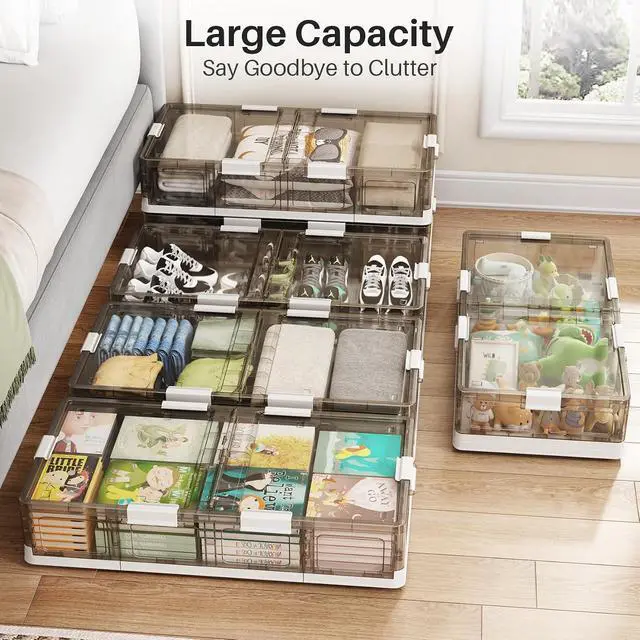 Alt view image 7 of 7 - Kitstorack Plastic Under Bed Storage Containers,2 Pack Underbed Storage with Wheels,Foldable and Stackable Under Bed Organizer,Moisture and Dust-proof Storage Boxes for Clothes Shoes,13.6 Gal