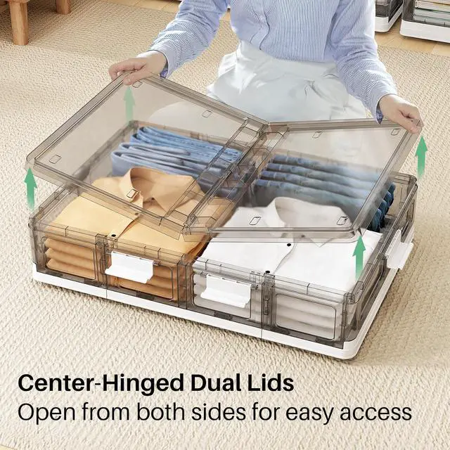 Alt view image 2 of 7 - Kitstorack 2 Pack Plastic Under Bed Storage Bins with Lids and 8 Pre-installed Wheels,Rolling Low Rrofile Under bed Containers Box for Clothes Shoes, 37.8 Qt, Long, Clear, Flat, Large