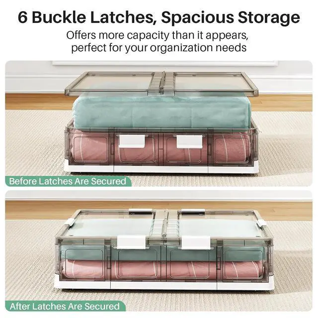 Alt view image 6 of 7 - Kitstorack 2 Pack Plastic Under Bed Storage Bins with Lids and 8 Pre-installed Wheels,Rolling Low Rrofile Under bed Containers Box for Clothes Shoes, 37.8 Qt, Long, Clear, Flat, Large