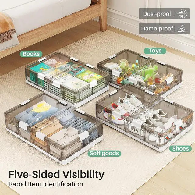 Alt view image 7 of 7 - Kitstorack 2 Pack Plastic Under Bed Storage Bins with Lids and 8 Pre-installed Wheels,Rolling Low Rrofile Under bed Containers Box for Clothes Shoes, 37.8 Qt, Long, Clear, Flat, Large