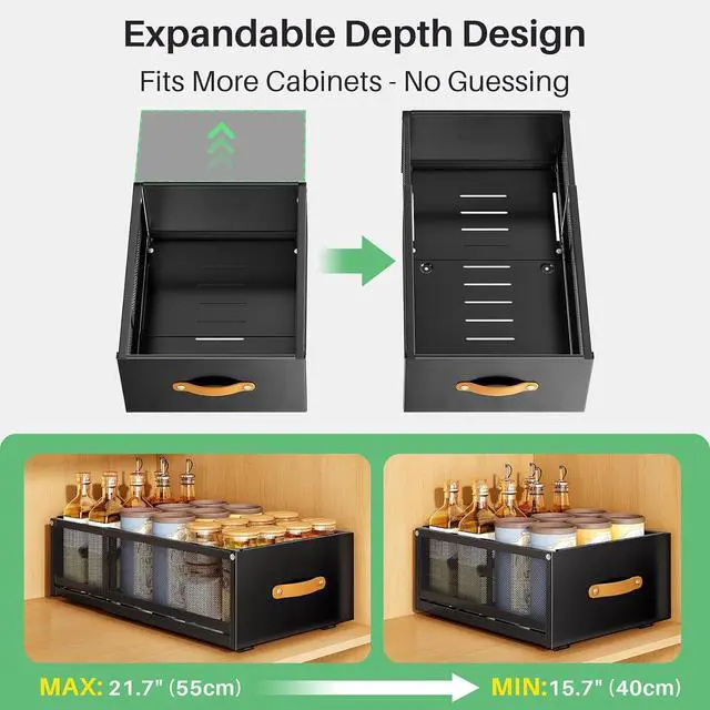 Alt view image 2 of 7 - Pull out Cabinet Organizer, 2-Pack Expandable Depth(15.7"-21.7") with Raising Pad for Framed Cabinets, Heavy Duty Slide out Drawers,Roll Out Shelves for Kitchen, Pantry Organizers and Storage(Black)