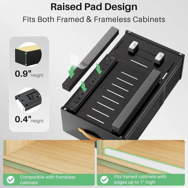 Alt view image 5 of 7 - Pull out Cabinet Organizer, 2-Pack Expandable Depth(15.7"-21.7") with Raising Pad for Framed Cabinets, Heavy Duty Slide out Drawers,Roll Out Shelves for Kitchen, Pantry Organizers and Storage(Black)