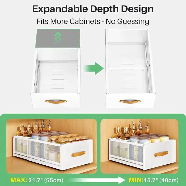 Alt view image 2 of 6 - Pull out Cabinet Organizer, Expandable Depth(15.7"-21.7") with Raising Pad for Framed Cabinets, Heavy Duty Slide out Drawers, Adhesive Roll Out Shelves for Kitchen, Pantry Storage(White, 1-Pack)
