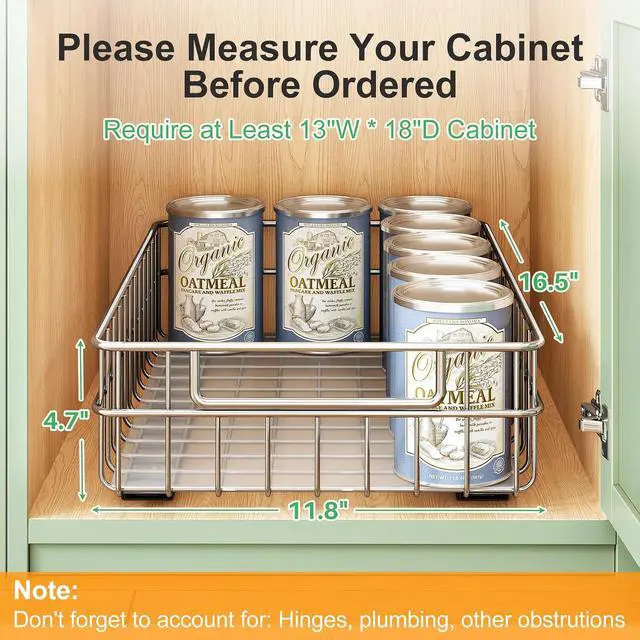 Alt view image 2 of 7 - Stainless Steel Pull Out Cabinet Organizer(11.8"W x 16.5"D x 4.7"H)-1 Pack, Minimalist Design Frame, Full-Extension Slide Rails, Easy Installation for Pantry Organizers or Kitchen Cabinet Organizer